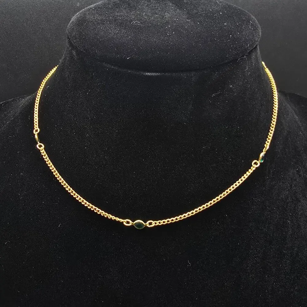 Trifari Gold Tone Green Station Necklace Chain Vintage Costume Jewelry